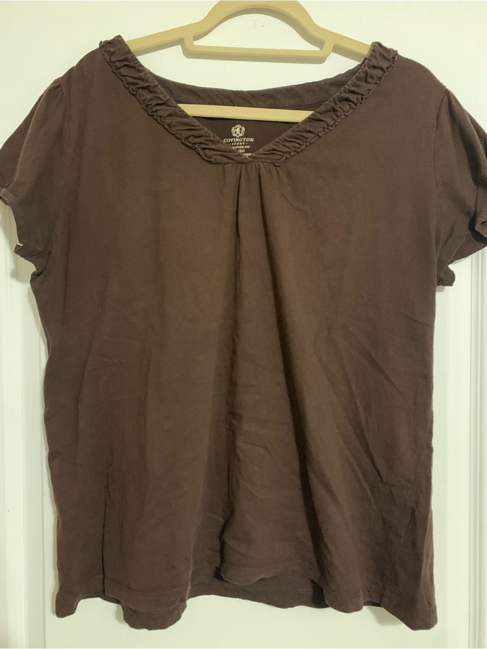 Covington Sport Women's XL Brown Cotton Knit Ruffle V-Neck Top